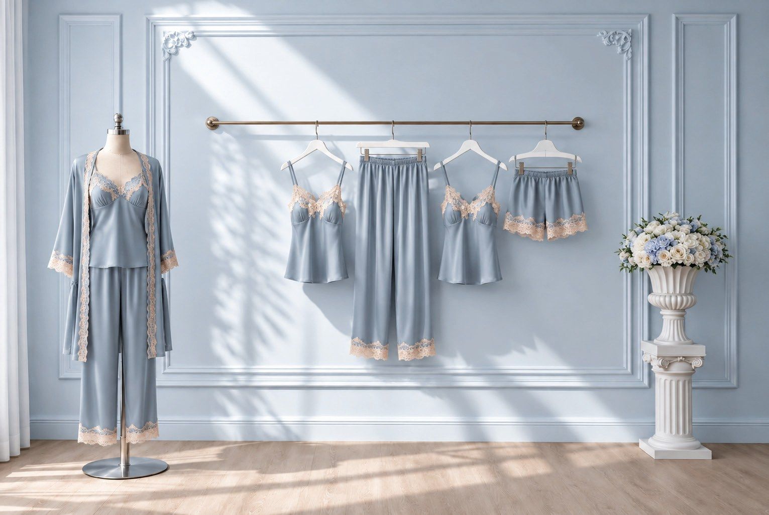 Bộ đồ ngủ xanh pastel viền ren treo trên giá