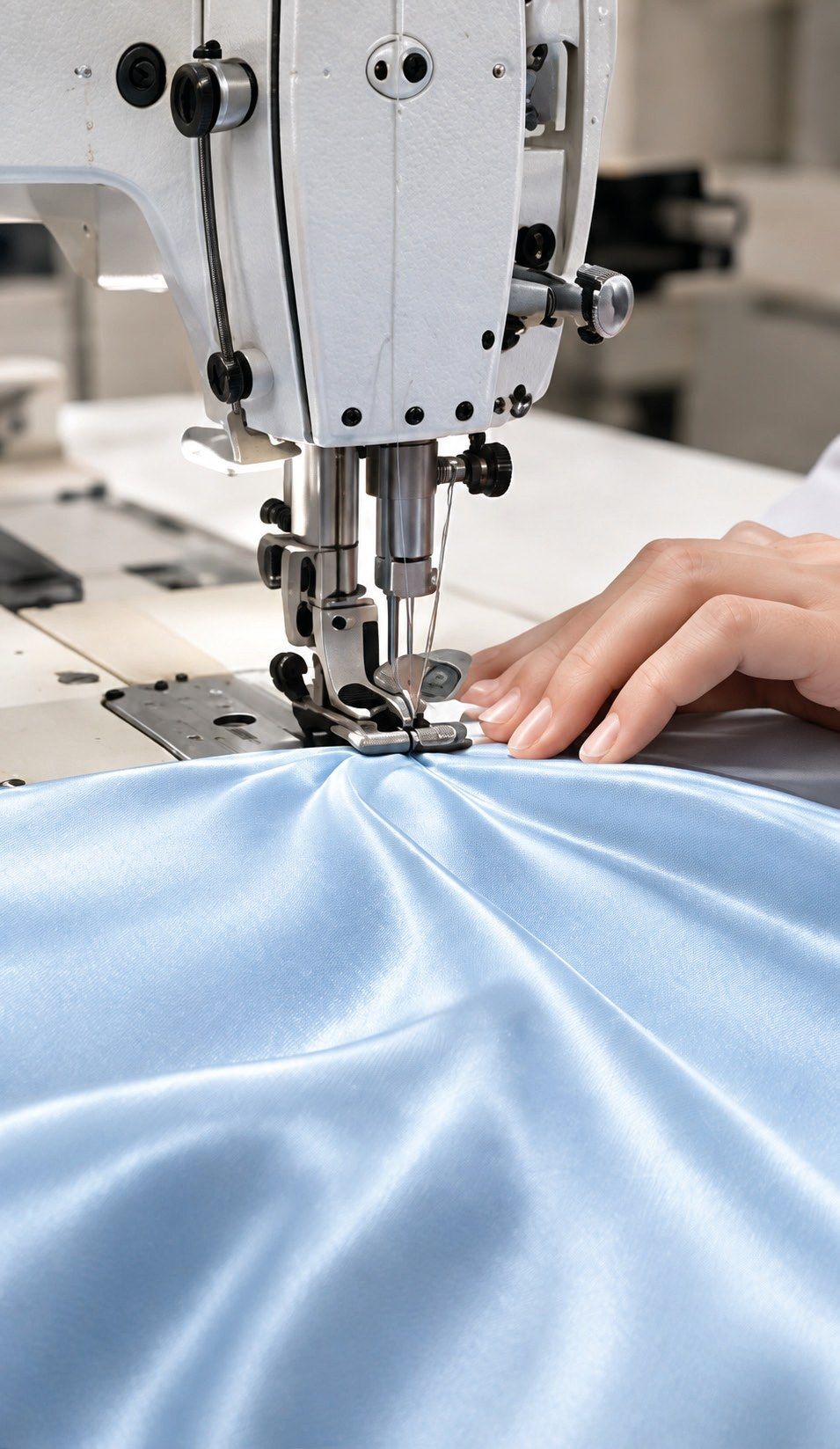 Đường may trên vải lụa xanh dưới chân máy may